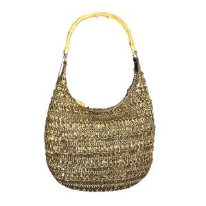 Trina Turk Metallic Gold Woven Straw Hobo Slouchy Shoulder Bag Bamboo Handle NWT
